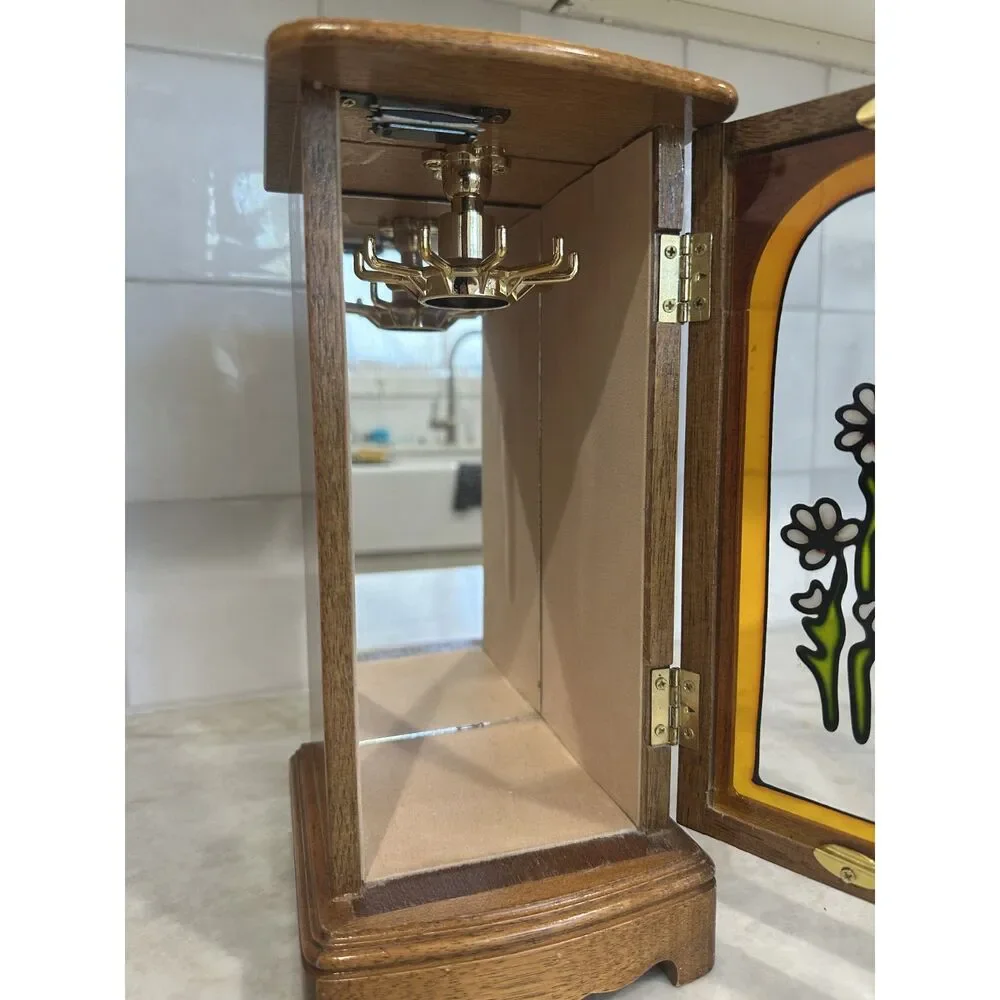 Vintage Wooden Jewelry Cabinet with Clear Floral Door, Mirror, & Necklace Hanger